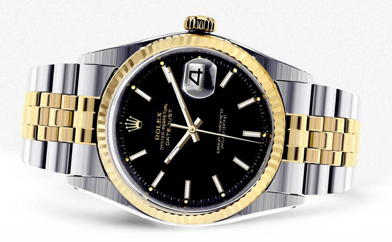 Diamond Rolex Datejust | 18K Yellow Gold and Stainless Steel | Fluted Gold Bezel | 36 MM | Black Stick Dial