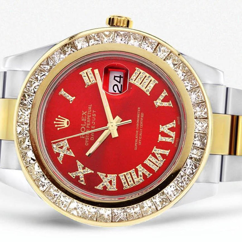 Diamond Rolex Datejust 2 | 18K Yellow Gold and Stainless Steel | Red Diamond Roman Numeral Dial | 41 Mm | 7.75 Carats