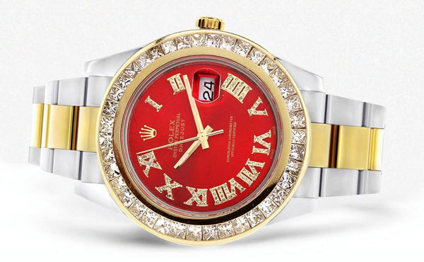 Diamond Rolex Datejust 2 | 18K Yellow Gold and Stainless Steel | Red Diamond Roman Numeral Dial | 41 Mm | 7.75 Carats