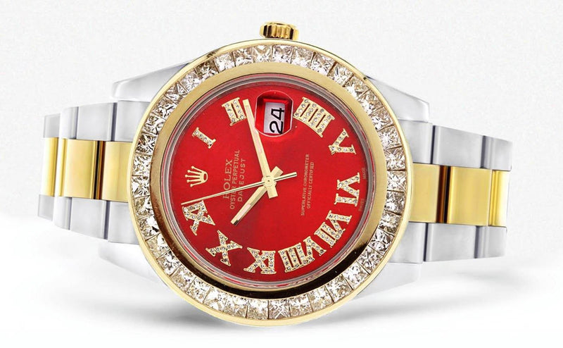 Diamond Rolex Datejust 2 | 18K Yellow Gold and Stainless Steel | Red Diamond Roman Numeral Dial | 41 Mm | 7.75 Carats