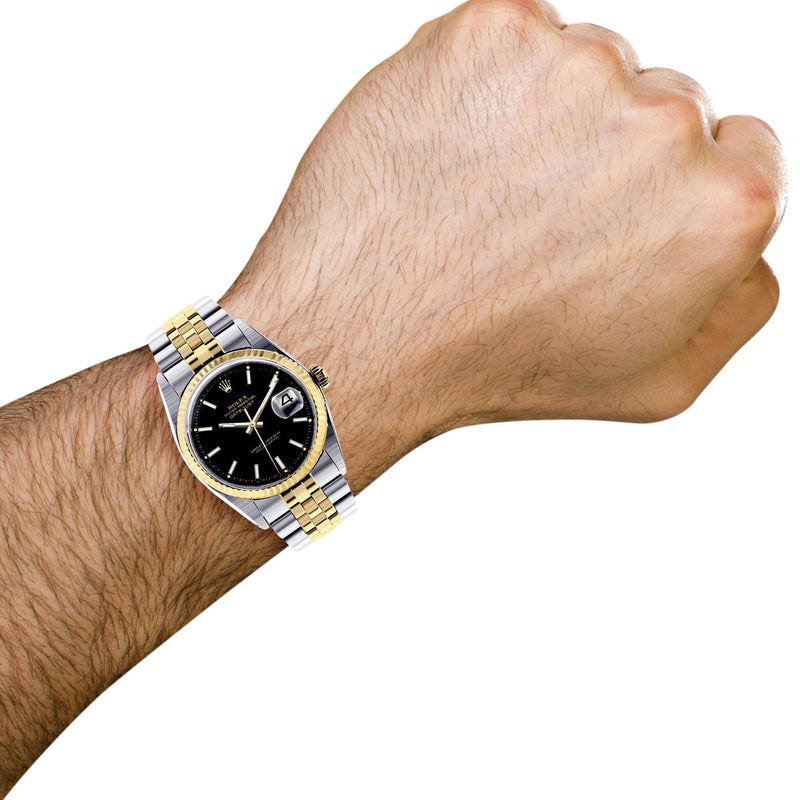 Diamond Rolex Datejust | 18K Yellow Gold and Stainless Steel | Fluted Gold Bezel | 36 MM | Black Stick Dial
