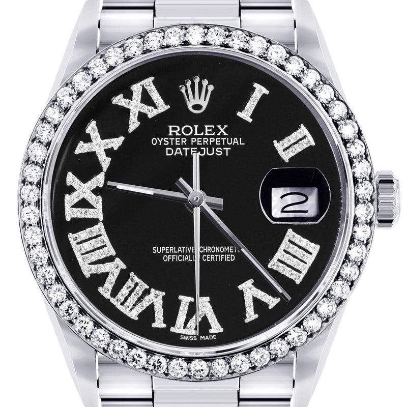 Diamond Mens Rolex Datejust Watch 16200 | 36Mm | Black Roman Numeral Dial | Oyster Band