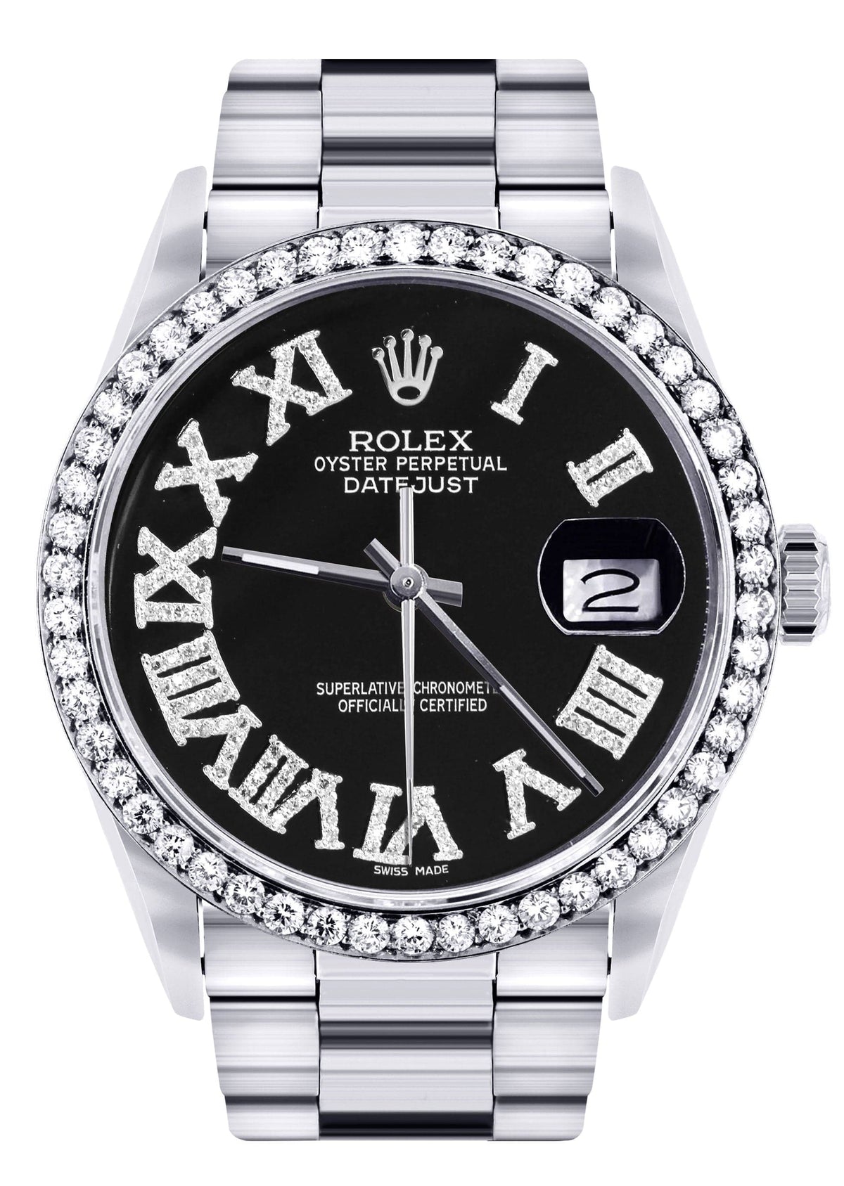 Diamond Mens Rolex Datejust Watch 16200 | 36Mm | Black Roman Numeral Dial | Oyster Band