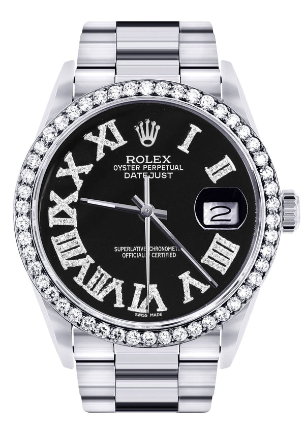 Diamond Mens Rolex Datejust Watch 16200 | 36Mm | Black Roman Numeral Dial | Oyster Band