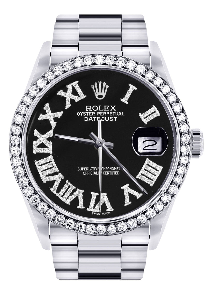 Diamond Mens Rolex Datejust Watch 16200 | 36Mm | Black Roman Numeral Dial | Oyster Band