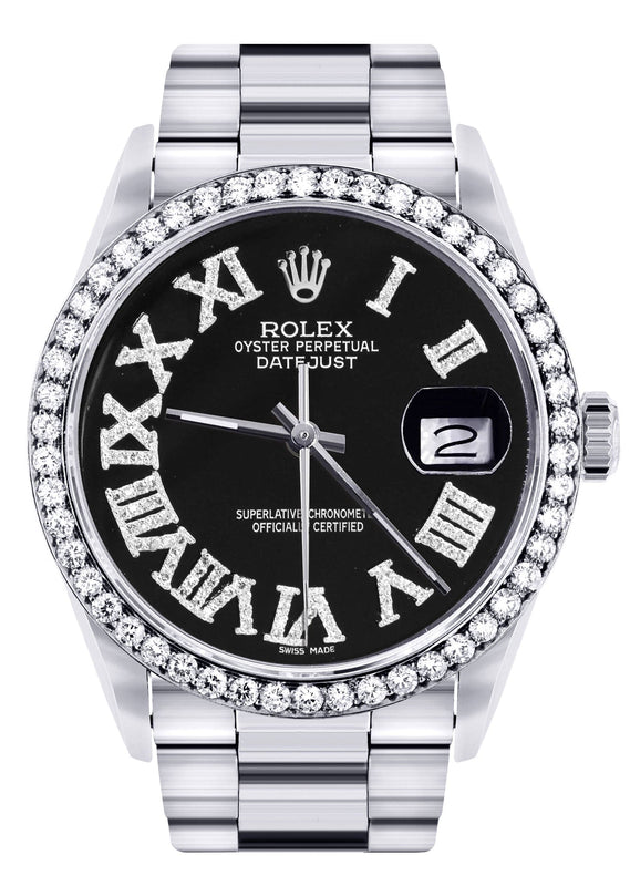 Diamond Mens Rolex Datejust Watch 16200 | 36Mm | Black Roman Numeral Dial | Oyster Band