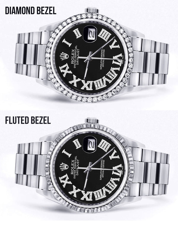 Diamond Mens Rolex Datejust Watch 16200 | 36Mm | Black Roman Numeral Dial | Oyster Band