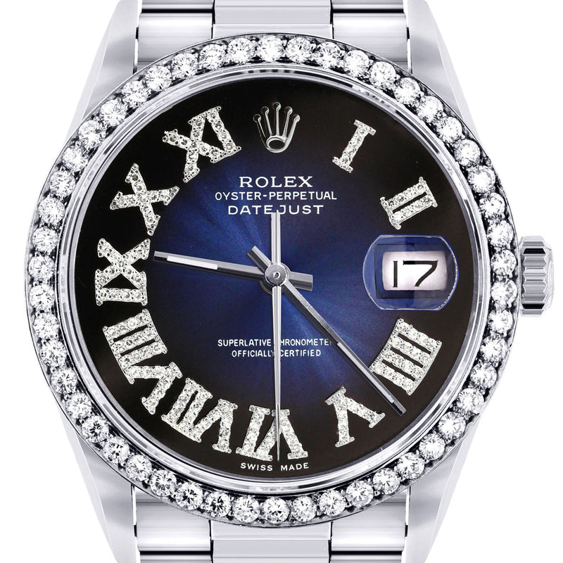 Diamond Mens  Rolex Datejust Watch 16200 | 36Mm | Blue Black Roman Numeral Dial | Oyster Band