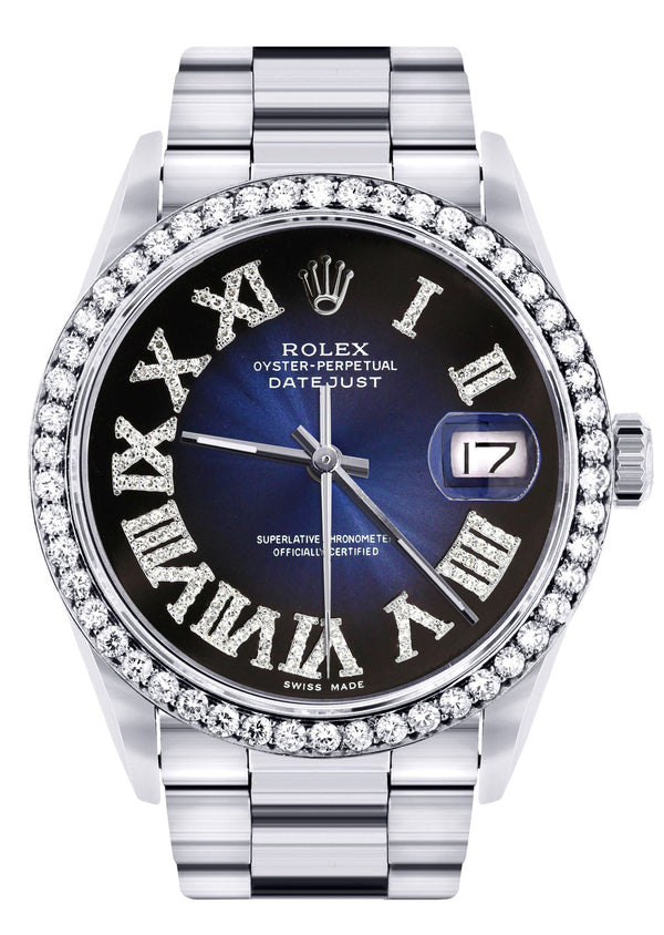 Diamond Mens  Rolex Datejust Watch 16200 | 36Mm | Blue Black Roman Numeral Dial | Oyster Band