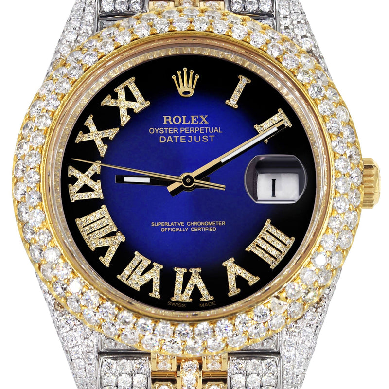 Womens Diamond Iced Out Rolex Datejust 41 | 25 Carats Of Diamonds | Custom Blue Black Roman Numeral Diamond Dial | Two Tone | Two Row | Jubilee Band