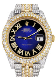 Womens Diamond Iced Out Rolex Datejust 41 | 25 Carats Of Diamonds | Custom Blue Black Roman Numeral Diamond Dial | Two Tone | Two Row | Jubilee Band