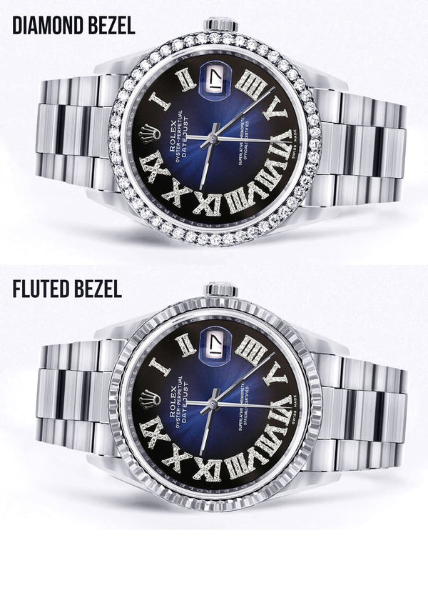 Diamond Mens  Rolex Datejust Watch 16200 | 36Mm | Blue Black Roman Numeral Dial | Oyster Band