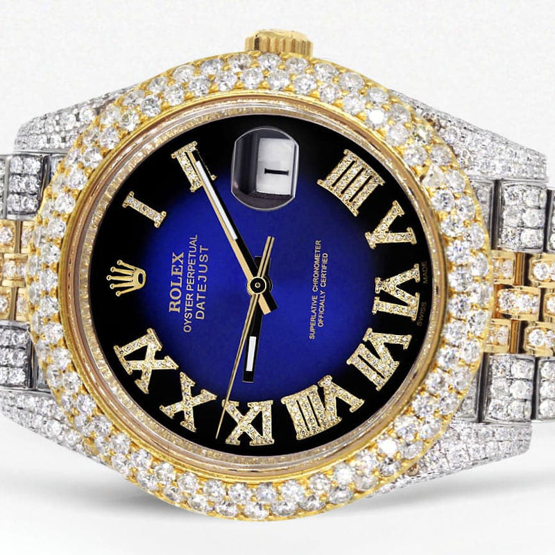 Diamond Iced Out Rolex Datejust 41 | 25 Carats Of Diamonds | Custom Blue Black Roman Numeral Diamond Dial | Two Tone | Two Row | Jubilee Band