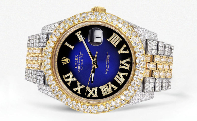 Diamond Iced Out Rolex Datejust 41 | 25 Carats Of Diamonds | Custom Blue Black Roman Numeral Diamond Dial | Two Tone | Two Row | Jubilee Band