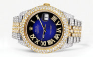 Womens Diamond Iced Out Rolex Datejust 41 | 25 Carats Of Diamonds | Custom Blue Black Roman Numeral Diamond Dial | Two Tone | Two Row | Jubilee Band