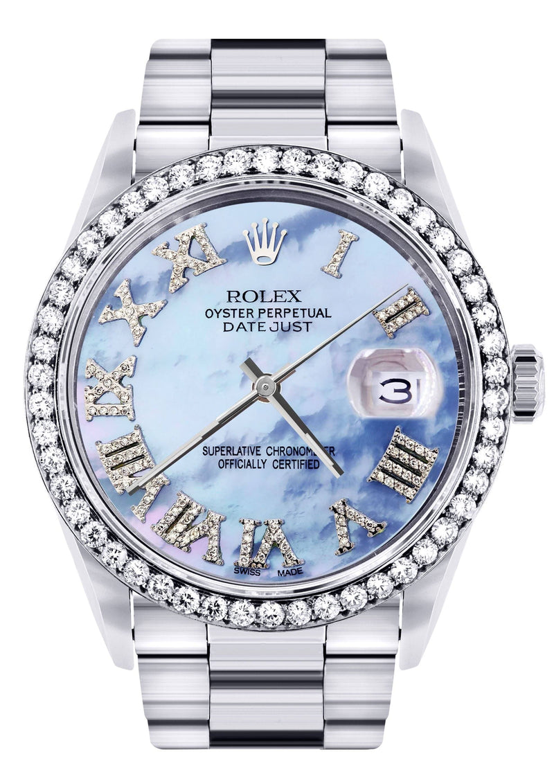 Diamond Mens Rolex Datejust Watch 16200 | 36Mm | Blue Mother Of Pearl Roman Numeral Dial | Oyster Band