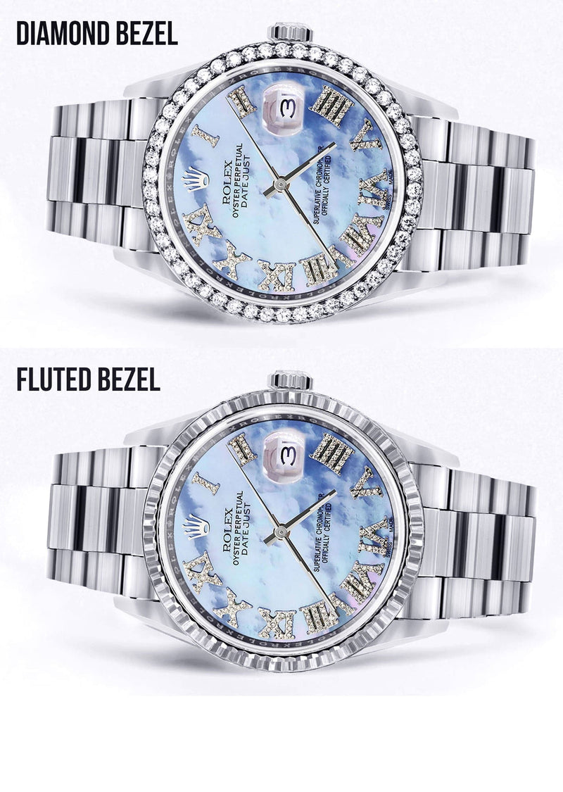Diamond Mens Rolex Datejust Watch 16200 | 36Mm | Blue Mother Of Pearl Roman Numeral Dial | Oyster Band