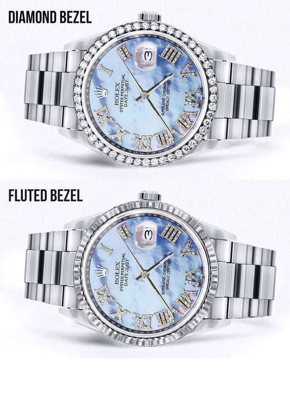 Diamond Mens Rolex Datejust Watch 16200 | 36Mm | Blue Mother Of Pearl Roman Numeral Dial | Oyster Band
