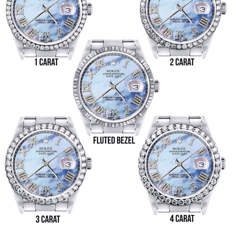 Diamond Mens Rolex Datejust Watch 16200 | 36Mm | Blue Mother Of Pearl Roman Numeral Dial | Oyster Band