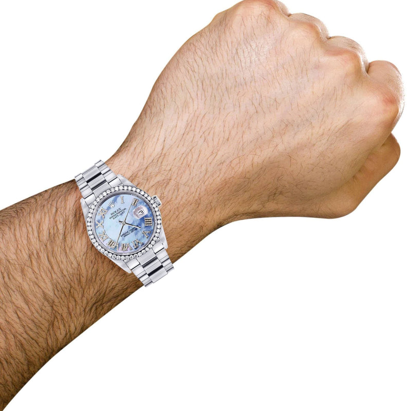 Diamond Mens Rolex Datejust Watch 16200 | 36Mm | Blue Mother Of Pearl Roman Numeral Dial | Oyster Band