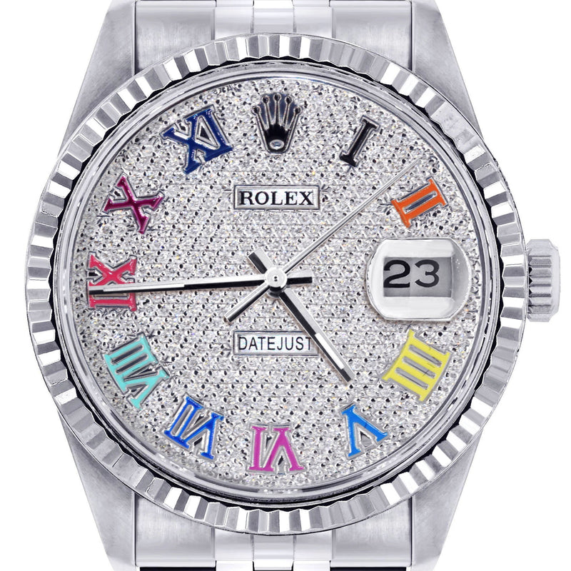 Womens Rolex Datejust Watch 16200 | Fluted Bezel | 36Mm | Colored Roman Diamond Dial | Fluted Bezel | Jubilee Band