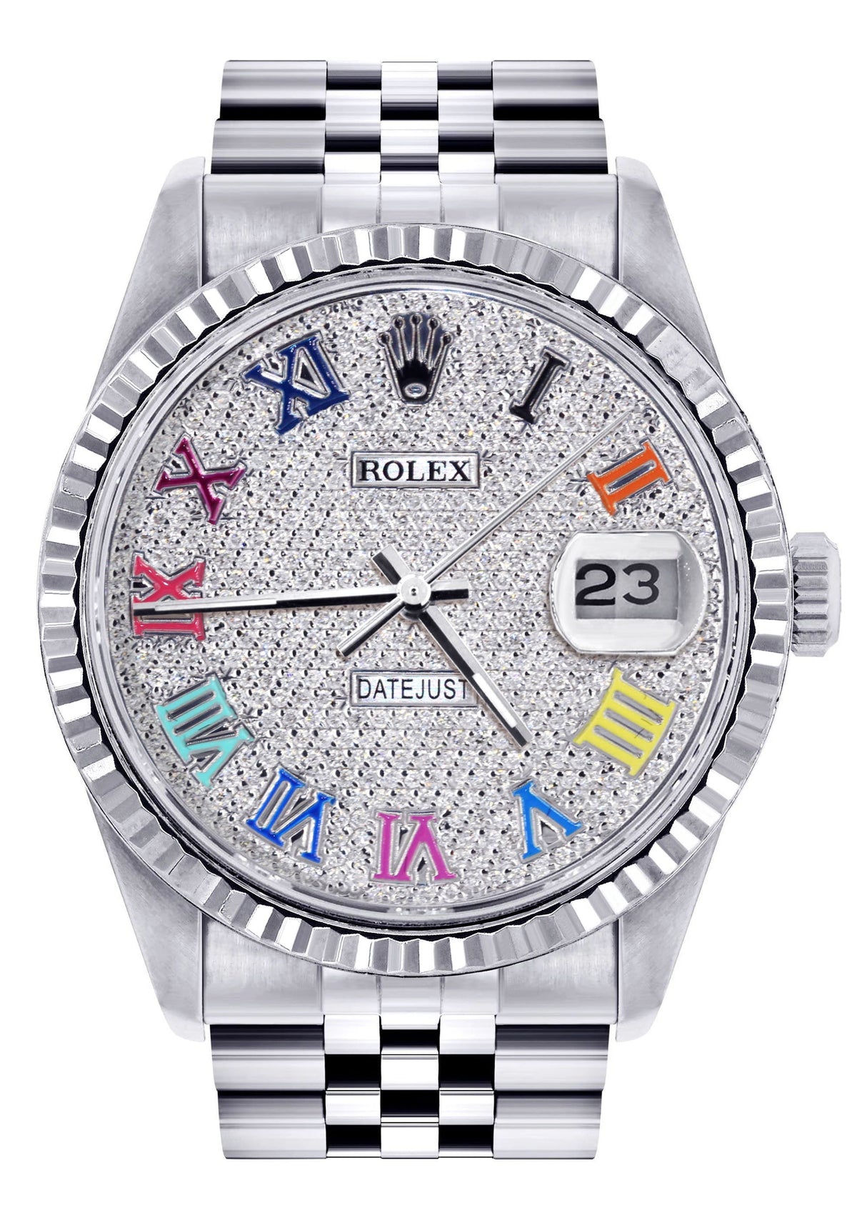 Womens Rolex Datejust Watch 16200 | Fluted Bezel | 36Mm | Colored Roman Diamond Dial | Fluted Bezel | Jubilee Band