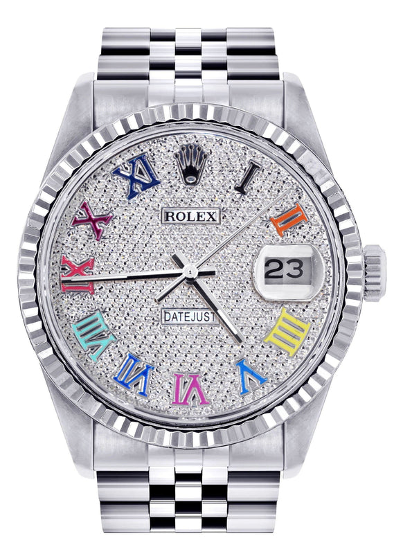 Mens Rolex Datejust Watch 16200 | Fluted Bezel | 36Mm | Colored Roman Diamond Dial | Jubilee Band