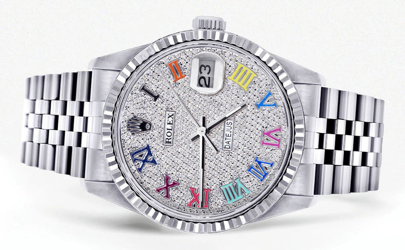 Womens Rolex Datejust Watch 16200 | Fluted Bezel | 36Mm | Colored Roman Diamond Dial | Fluted Bezel | Jubilee Band