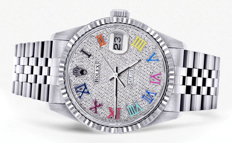 Mens Rolex Datejust Watch 16200 | Fluted Bezel | 36Mm | Colored Roman Diamond Dial | Jubilee Band