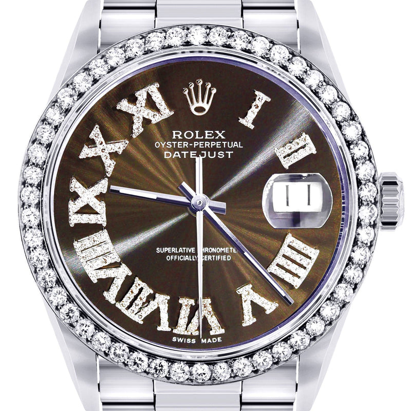 Diamond Mens Rolex Datejust Watch 16200 | 36Mm | Custom Dark Brown Roman Numeral Dial | Oyster Band