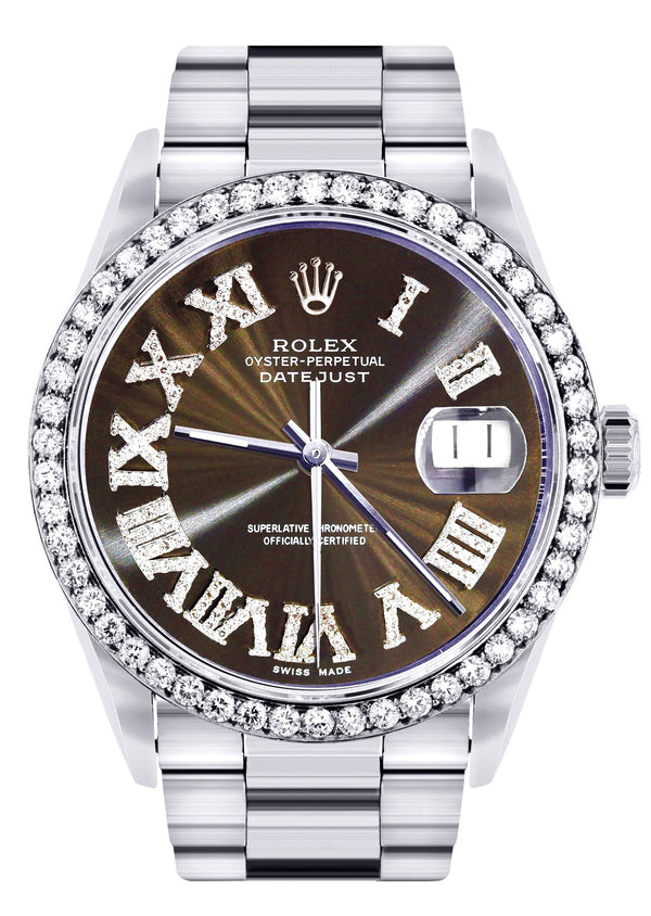 Diamond Mens Rolex Datejust Watch 16200 | 36Mm | Custom Dark Brown Roman Numeral Dial | Oyster Band
