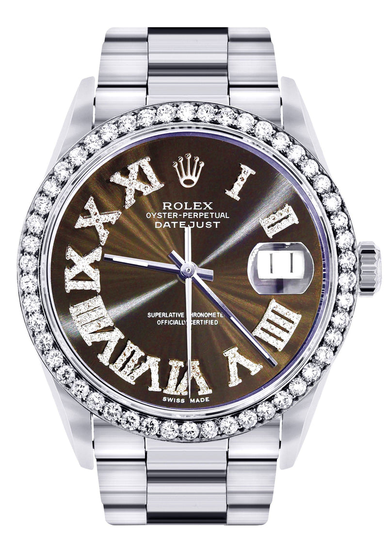 Diamond Mens Rolex Datejust Watch 16200 | 36Mm | Custom Dark Brown Roman Numeral Dial | Oyster Band