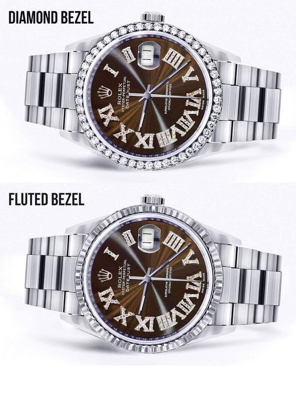 Diamond Mens Rolex Datejust Watch 16200 | 36Mm | Custom Dark Brown Roman Numeral Dial | Oyster Band