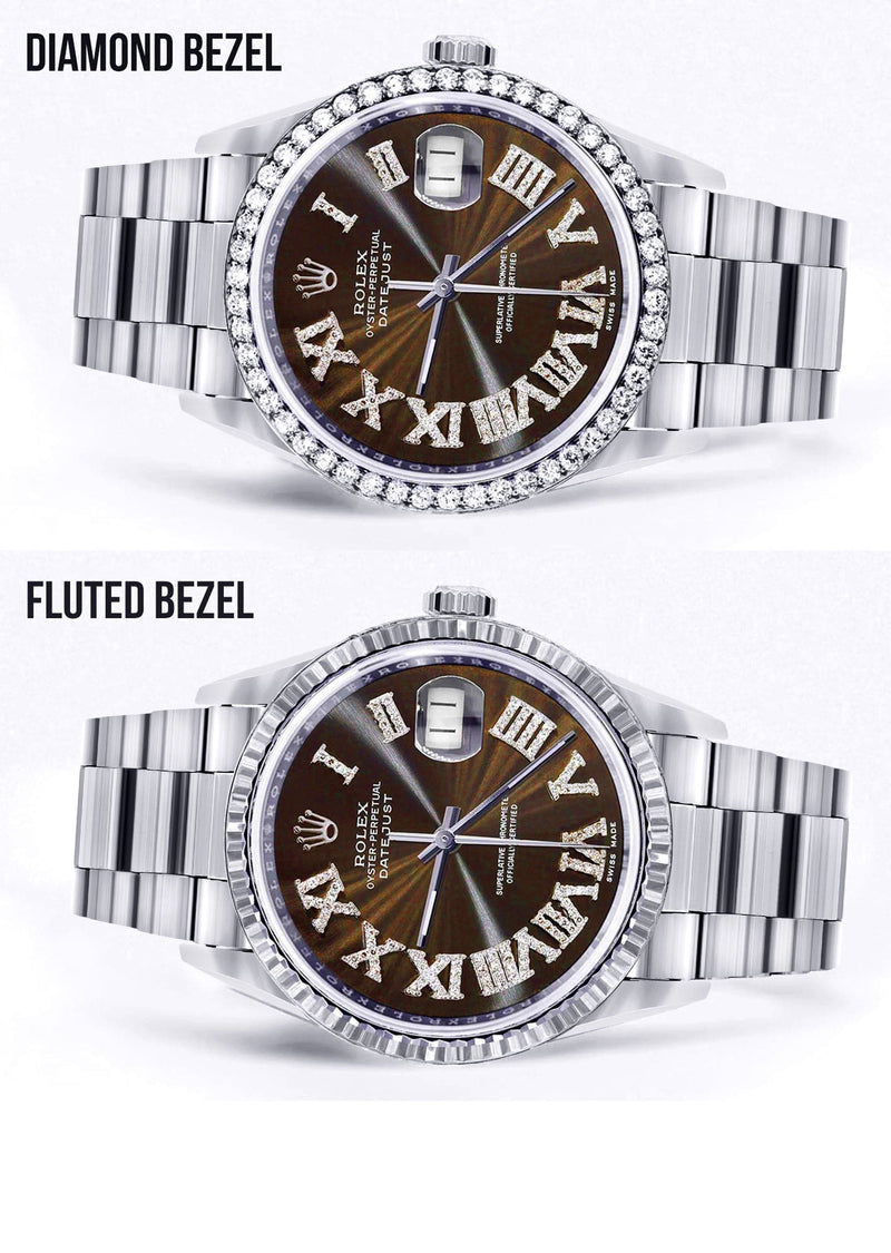 Diamond Mens Rolex Datejust Watch 16200 | 36Mm | Custom Dark Brown Roman Numeral Dial | Oyster Band