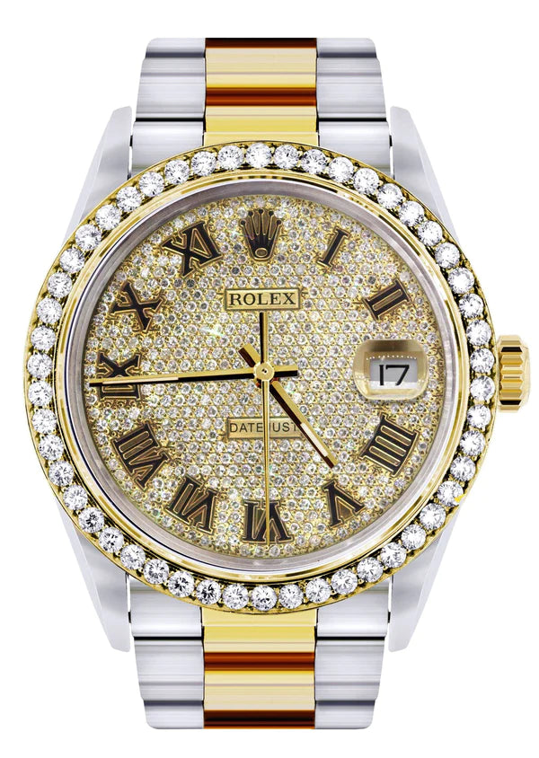 Diamond Gold Rolex Datejust Watch 16233 | 36MM | Full Diamond Roman Dial | Oyster Band