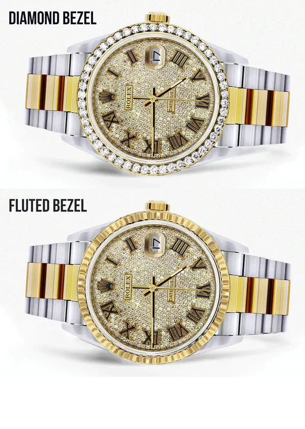 Diamond Gold Rolex Datejust Watch 16233 | 36MM | Full Diamond Roman Dial | Oyster Band