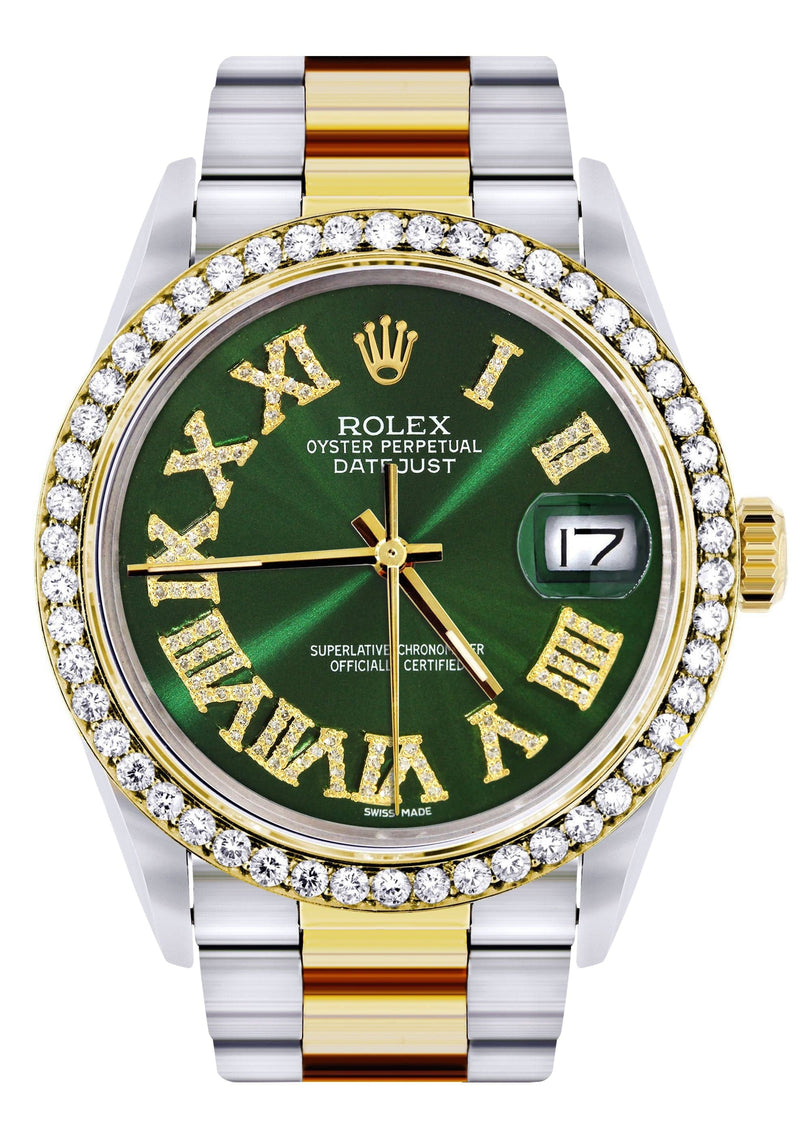 Gold & Steel Rolex Datejust Watch 16233 for Men | 36Mm | Green Roman Dial | Oyster Band