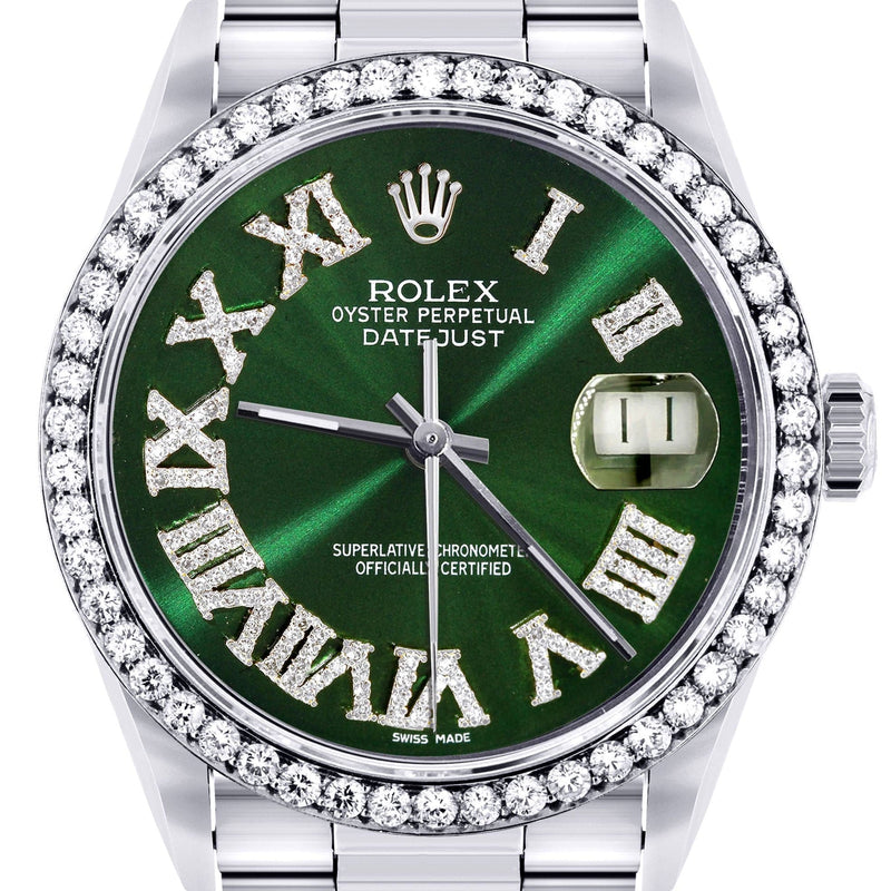 Diamond Mens  Rolex Datejust Watch 16200 | 36Mm | Custom Green Roman Numeral Dial | Oyster Band