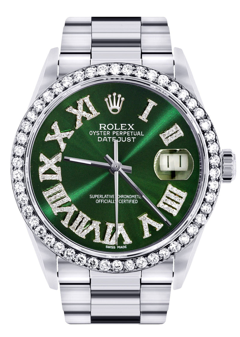 Diamond Mens  Rolex Datejust Watch 16200 | 36Mm | Custom Green Roman Numeral Dial | Oyster Band