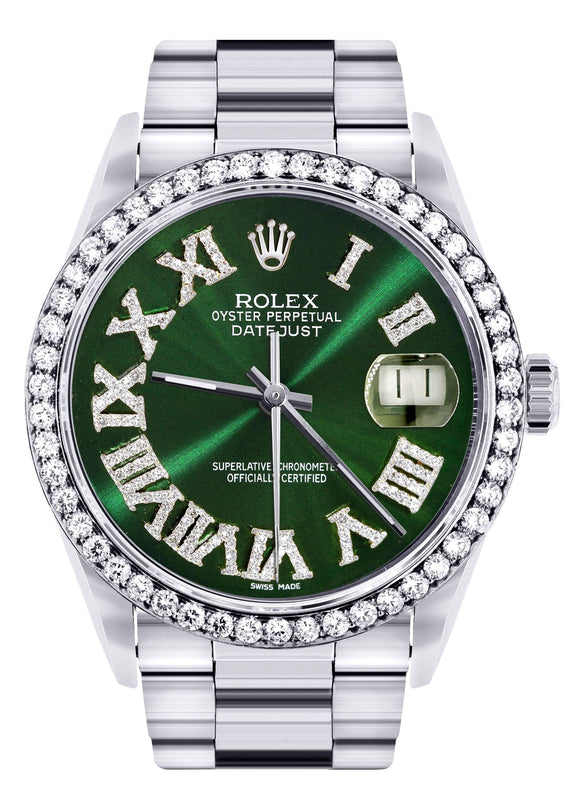 Diamond Mens  Rolex Datejust Watch 16200 | 36Mm | Custom Green Roman Numeral Dial | Oyster Band