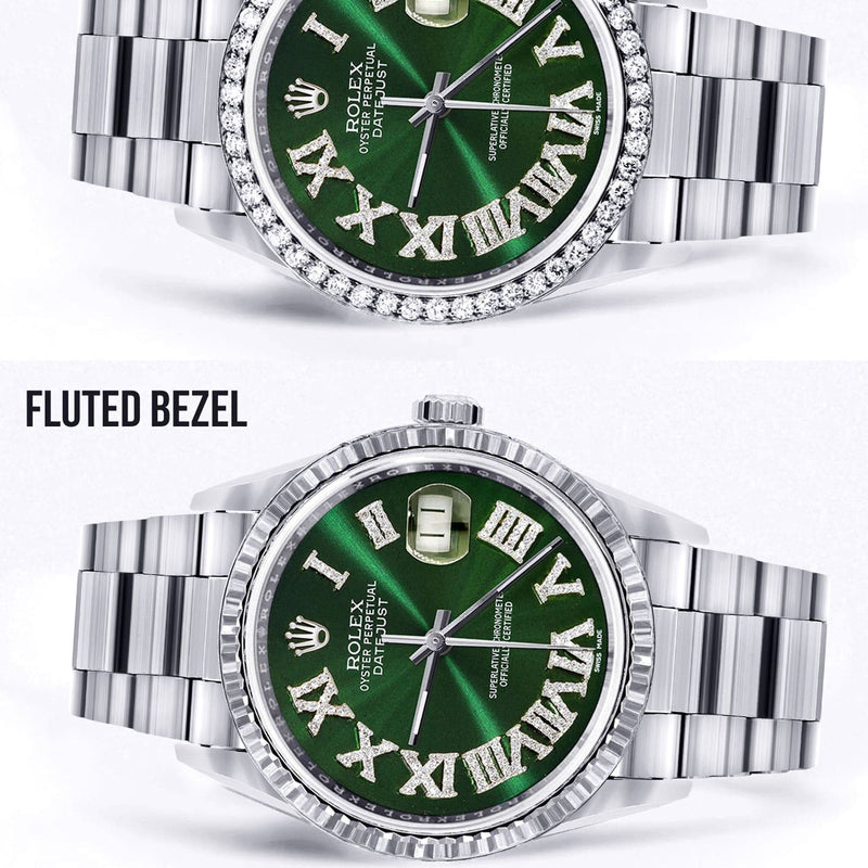 Diamond Mens  Rolex Datejust Watch 16200 | 36Mm | Custom Green Roman Numeral Dial | Oyster Band