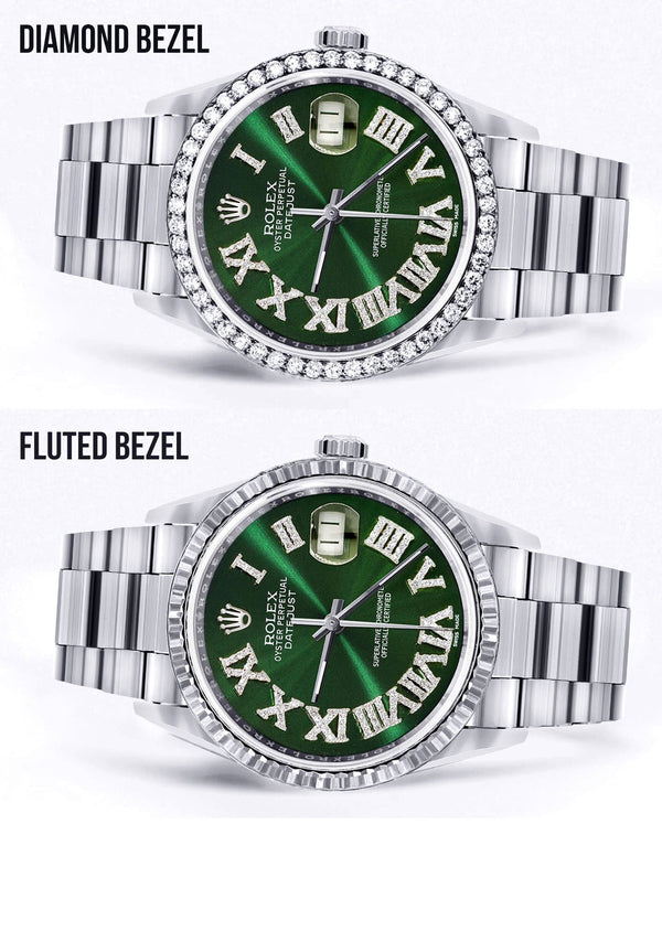 Diamond Mens  Rolex Datejust Watch 16200 | 36Mm | Custom Green Roman Numeral Dial | Oyster Band