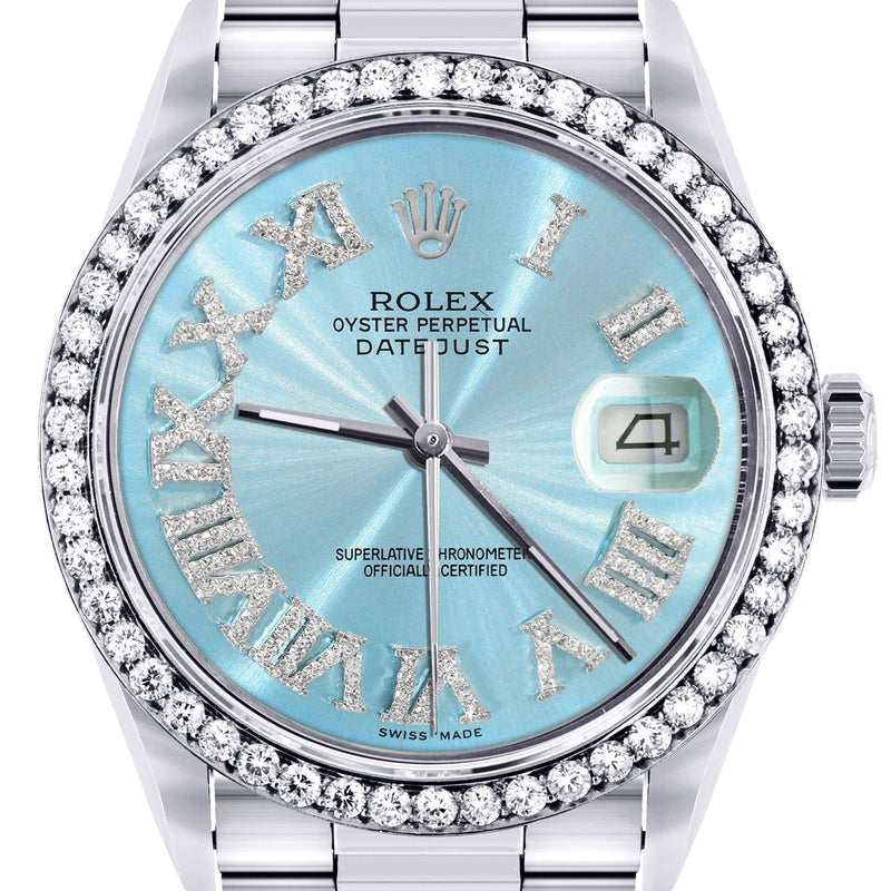 Diamond Mens Rolex Datejust Watch 16200 | 36Mm | Light Blue Roman Numeral Dial | Oyster Band