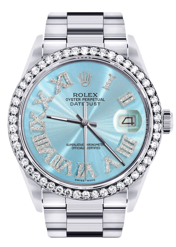Diamond Mens Rolex Datejust Watch 16200 | 36Mm | Light Blue Roman Numeral Dial | Oyster Band