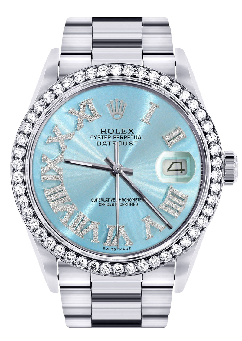 Diamond Mens Rolex Datejust Watch 16200 | 36Mm | Light Blue Roman Numeral Dial | Oyster Band