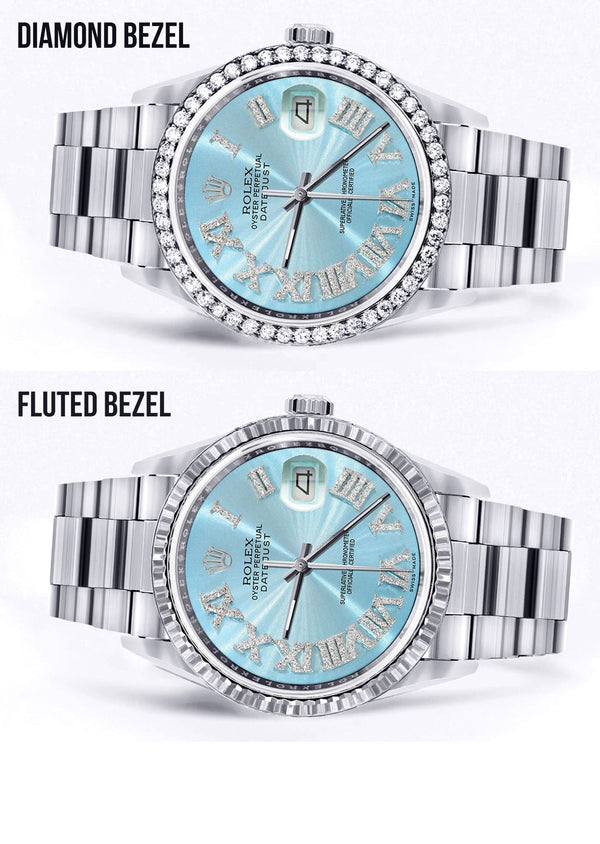 Diamond Mens Rolex Datejust Watch 16200 | 36Mm | Light Blue Roman Numeral Dial | Oyster Band