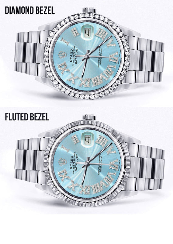 Diamond Mens Rolex Datejust Watch 16200 | 36Mm | Light Blue Roman Numeral Dial | Oyster Band