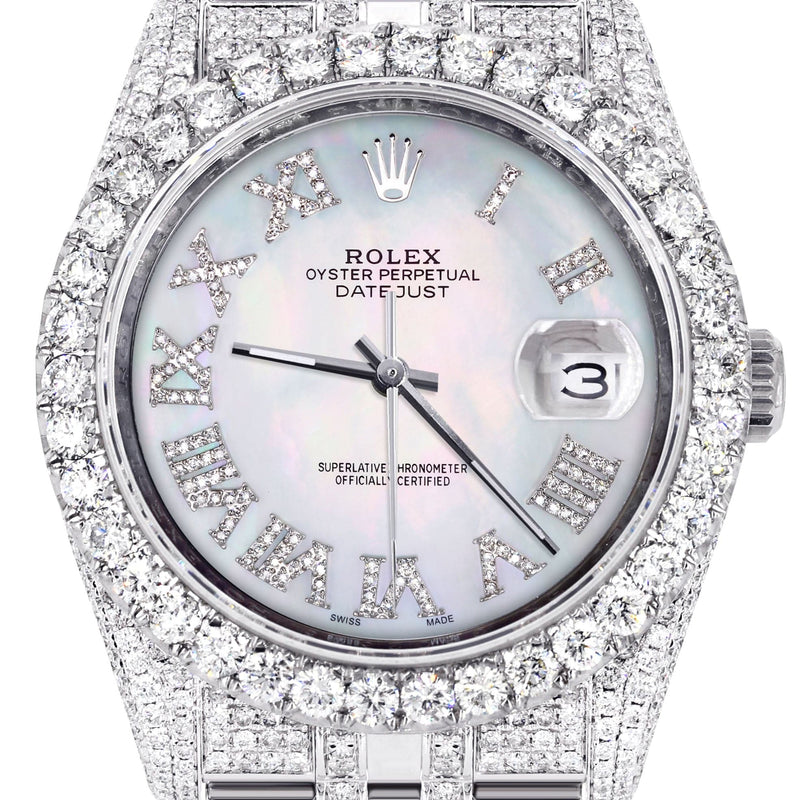 Iced Out Rolex Datejust 36 MM | Stainless Steel | 16.5 Carats of Diamonds | Mother of Pearl Roman Diamond Dial | Jubilee Band | Model 116200