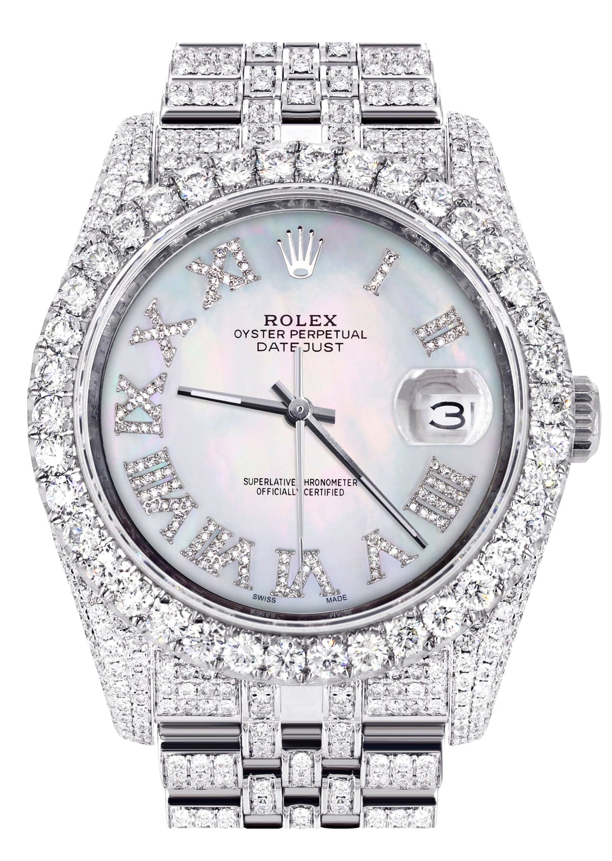 Iced Out Rolex Datejust 36 MM | Stainless Steel | 16.5 Carats of Diamonds | Mother of Pearl Roman Diamond Dial | Jubilee Band | Model 116200
