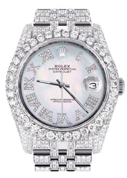 Iced Out Rolex Datejust 36 MM | Stainless Steel | 16.5 Carats of Diamonds | Mother of Pearl Roman Diamond Dial | Jubilee Band | Model 116200